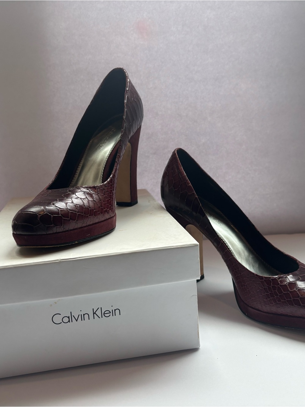 Calvin Klein Burgundy Croc-Embossed Platform Pumps